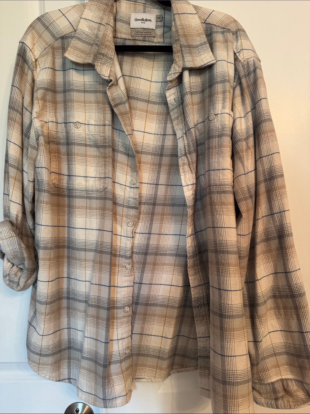 Goodfellow & Co Cream, Beige and Blue Plaid Shirt